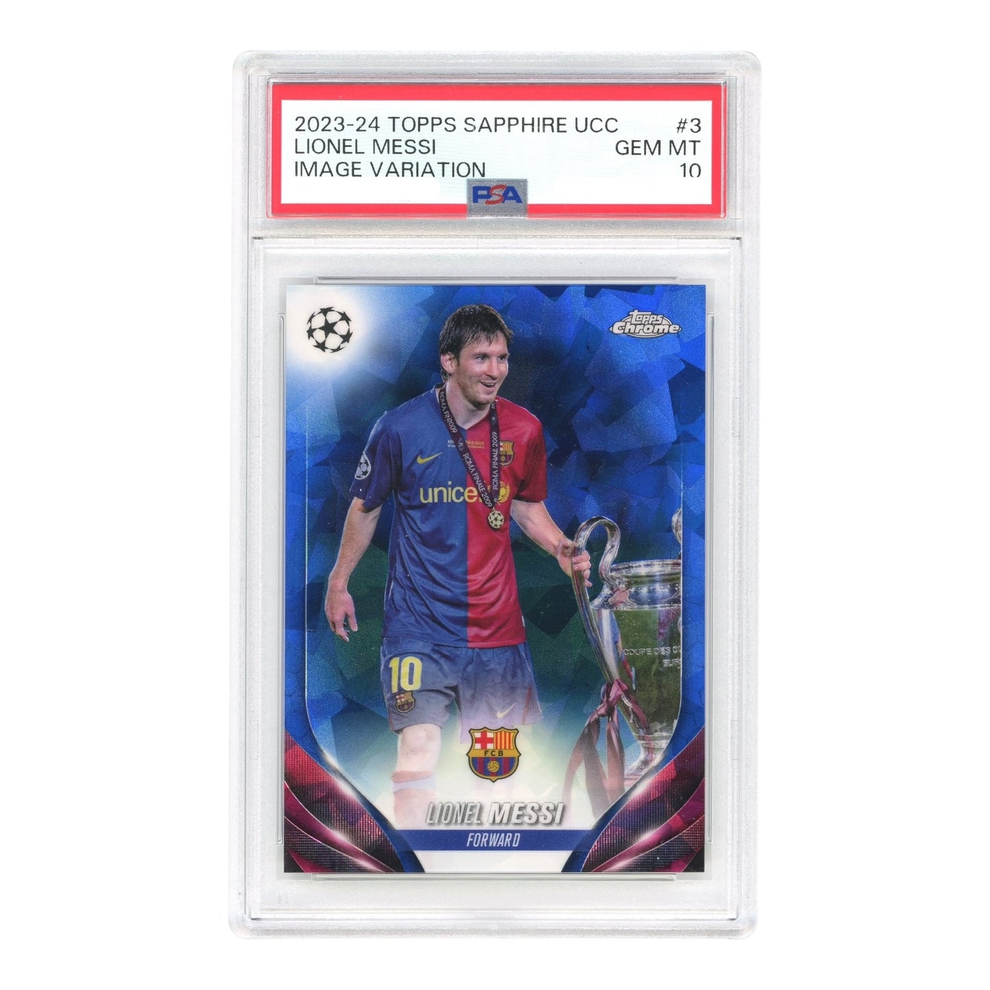 Lionel Messi 2023-24 Topps Chrome Sapphire UCC Image Variation #3 PSA 10
