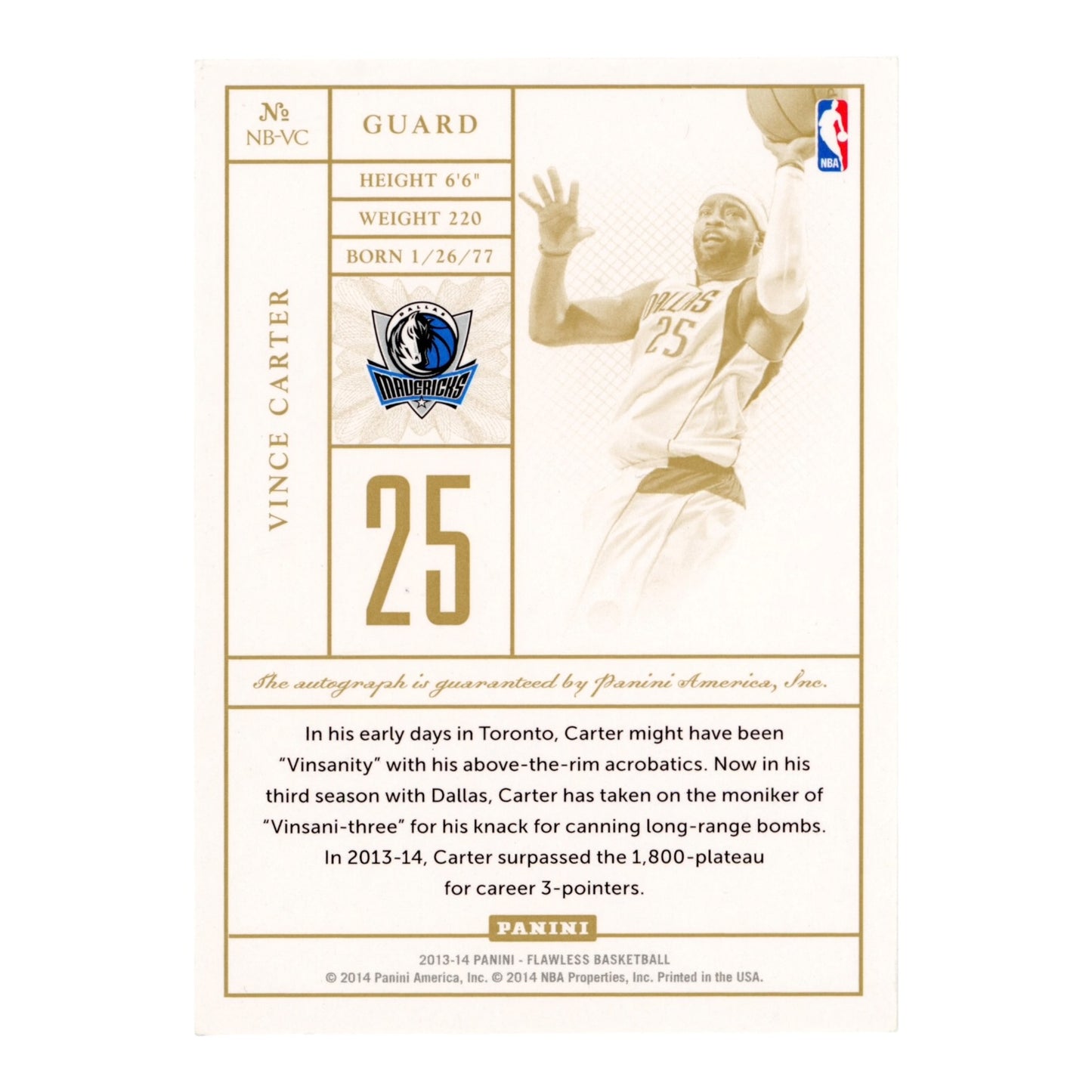 Vince Carter 2013-14 Flawless On Card Auto 10/10 #NB-VC