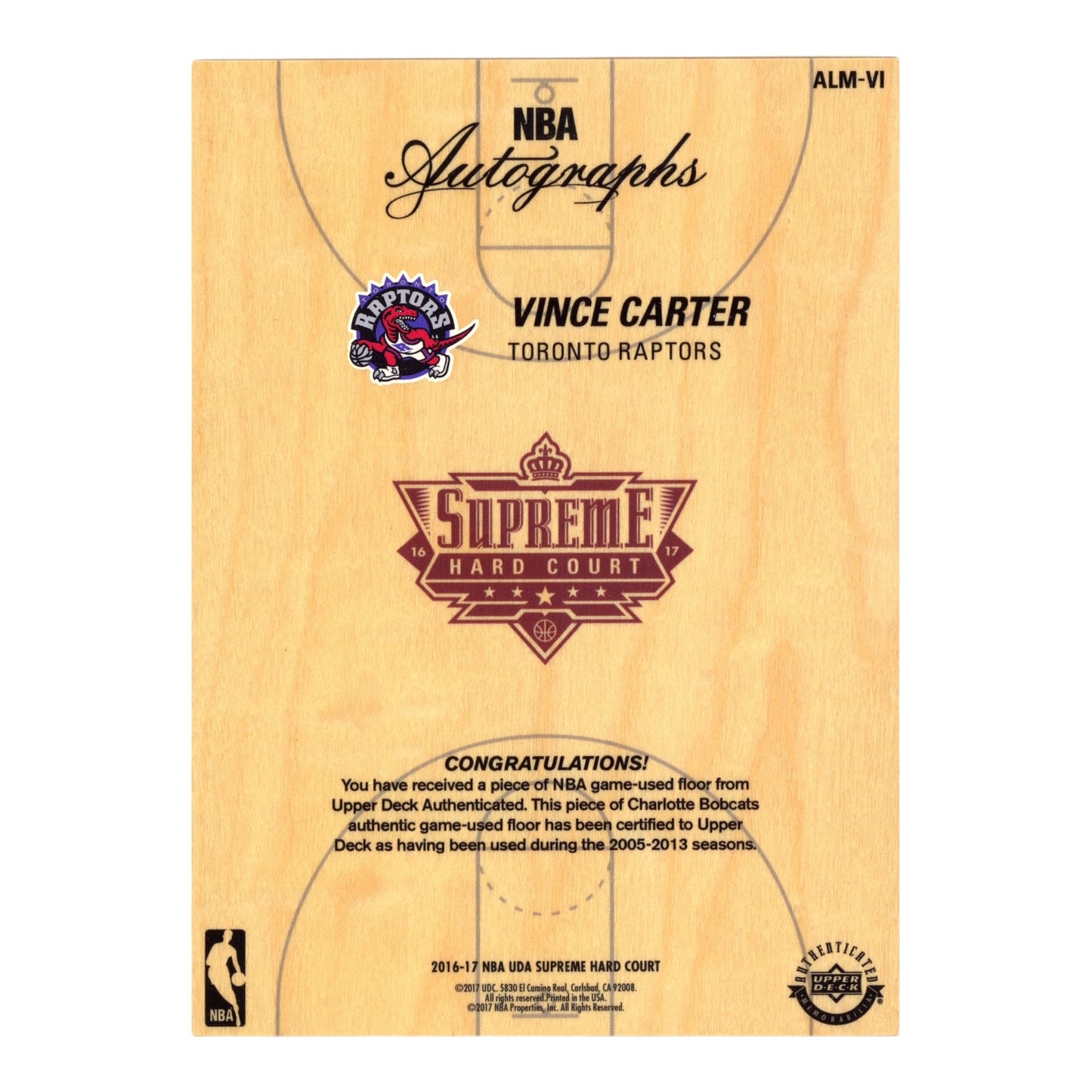 Vince Carter 2016-17 Upper Deck Supreme Hard Court Auto 21/99 #ALM-VI
