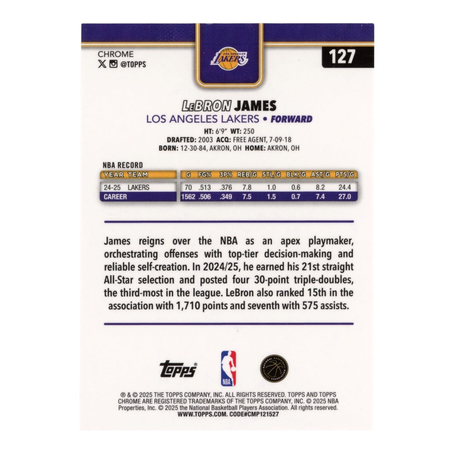 Lebron James 2025 Topps Chrome Refractor 095/399 #127