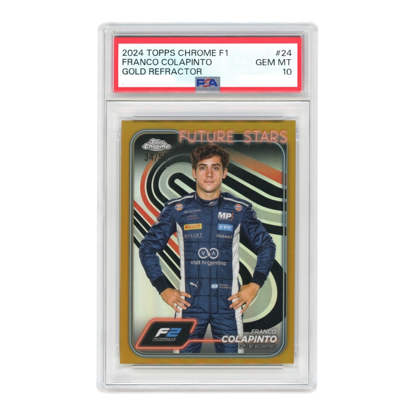 Franco Colapinto 2024 Topps Chrome Formula 1 F1 Gold Refractor 34/50 #24 PSA 10