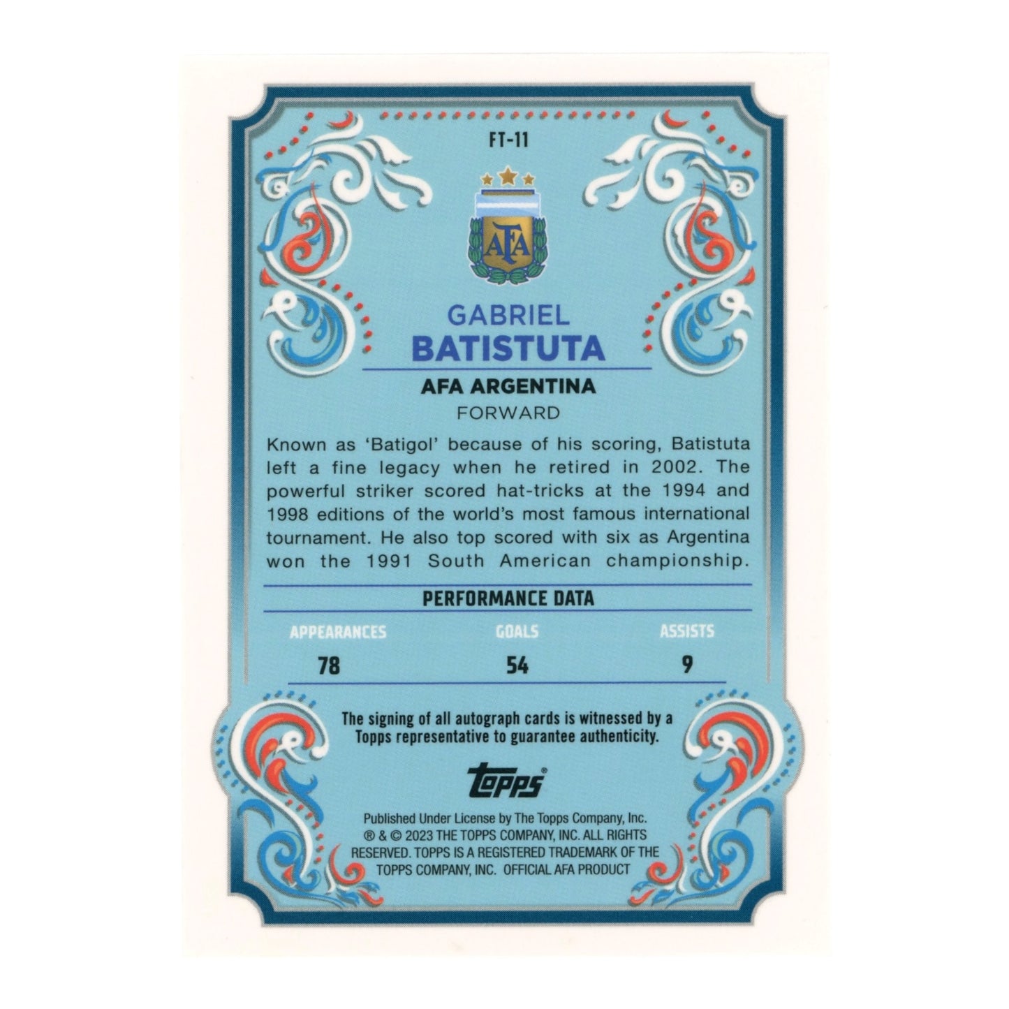 Gabriel Batistuta 2023 Topps Fileteado Auto #FT-11