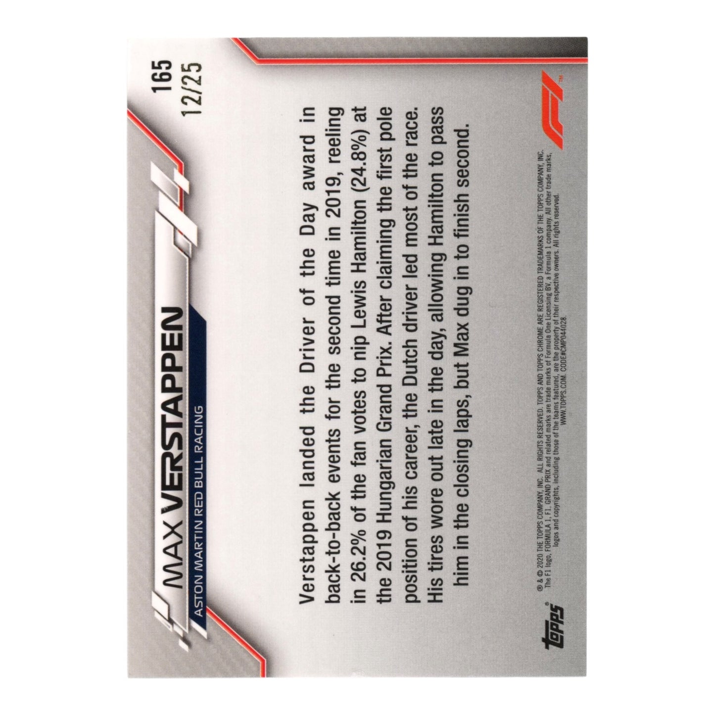 Max Verstappen 2020 Topps Chrome Formula 1 F1 12/25 #165
