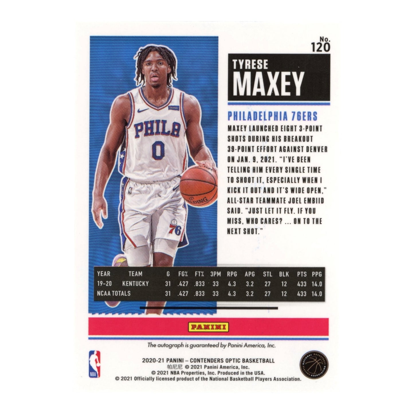 Tyrese Maxey 2020-21 Contenders Optic Auto Rookie RC #120