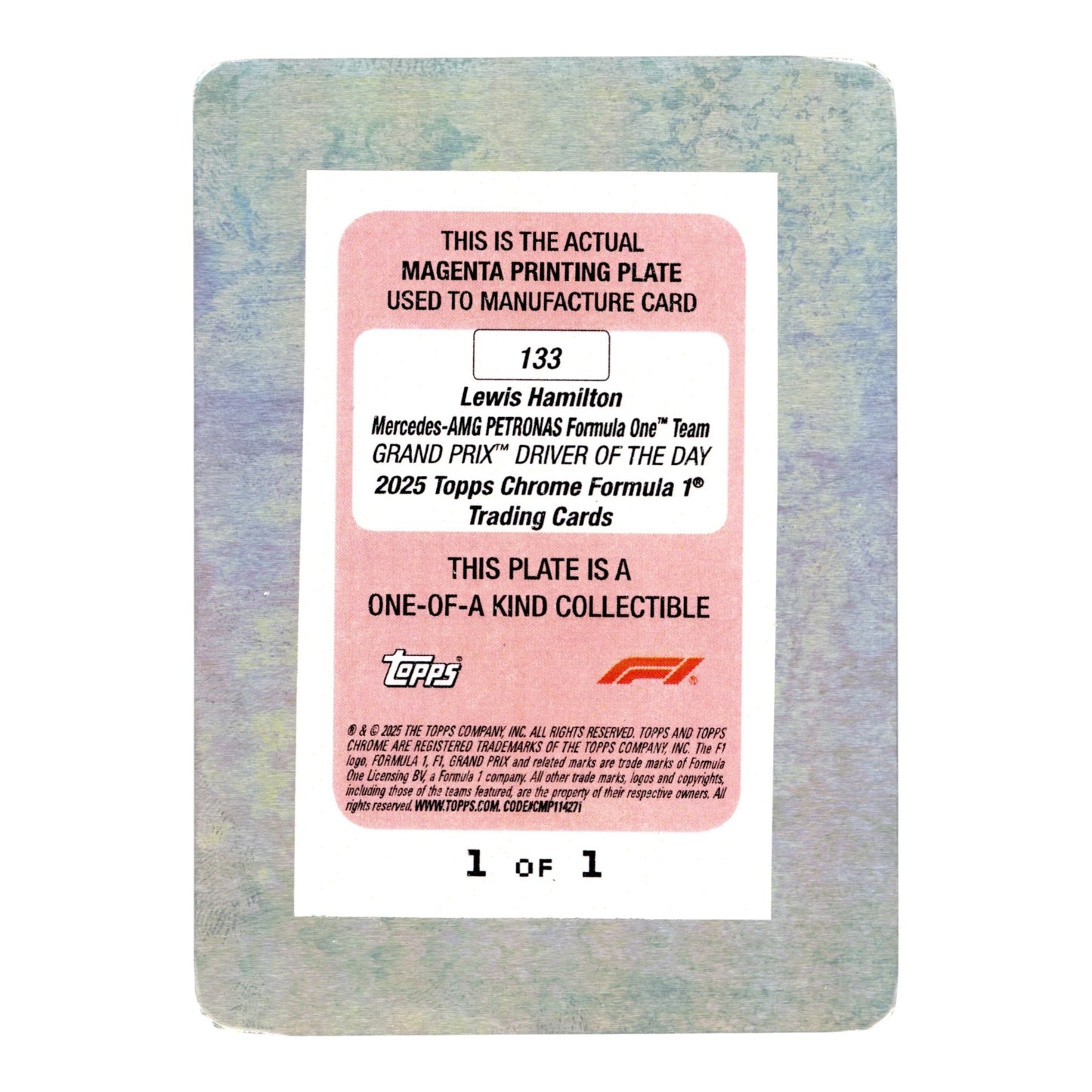 Lewis Hamilton 2025 Topps Chrome Formula 1 F1 Magenta Printing Plate 1 of 1 #133