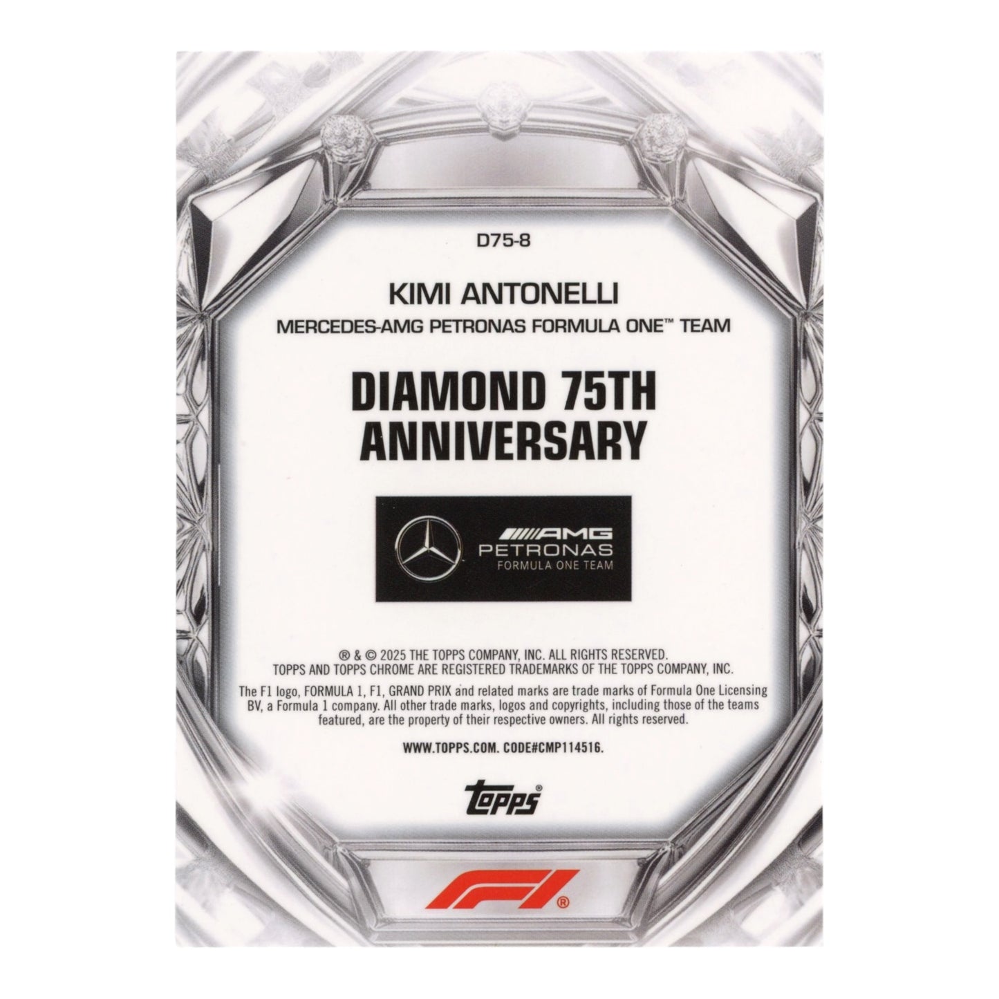 Kimi Antonelli 2025 Topps Chrome Formula 1 F1 Diamond 75th Anniversary Rookie RC #D75-8