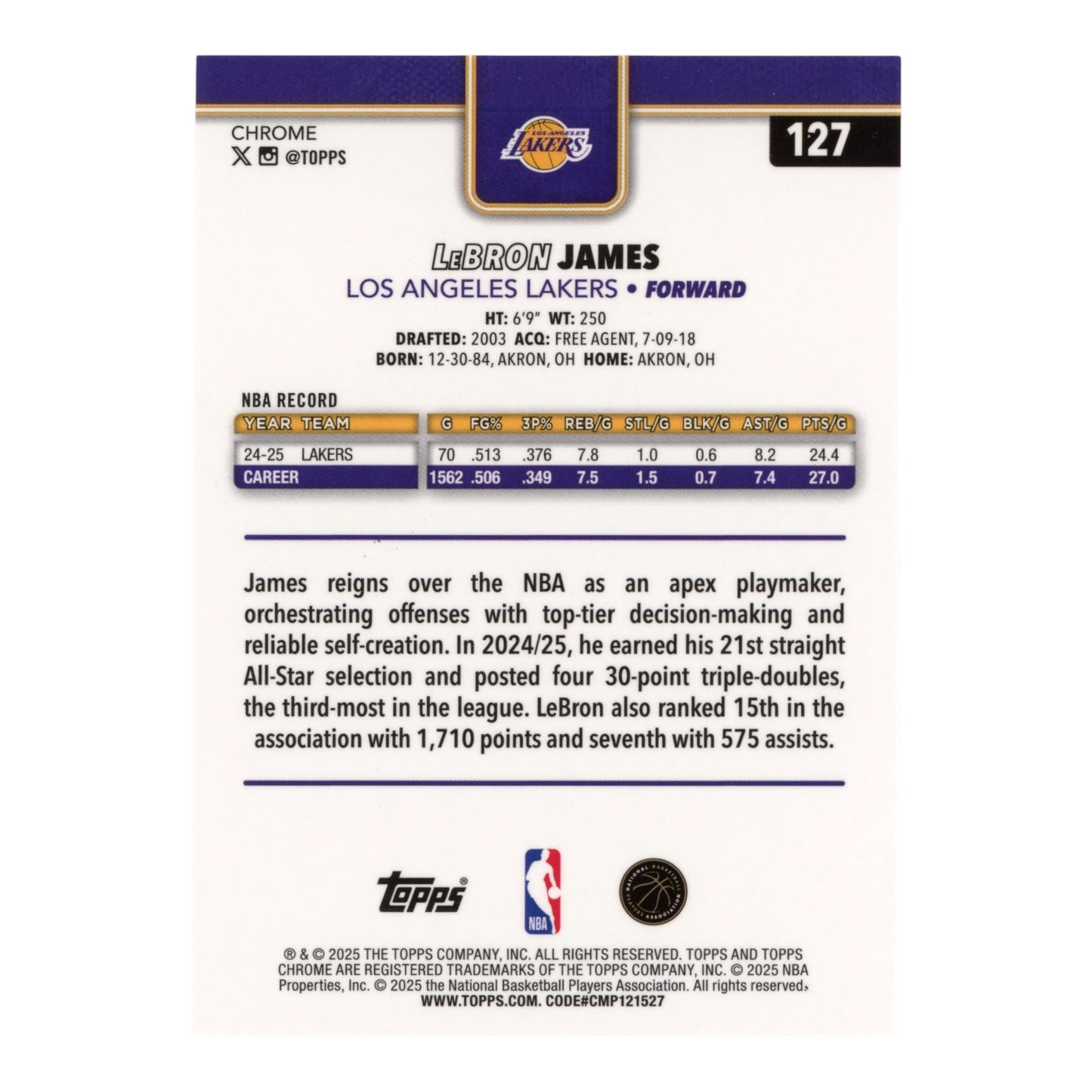 Lebron James 2025 Topps Chrome 070/299 #127
