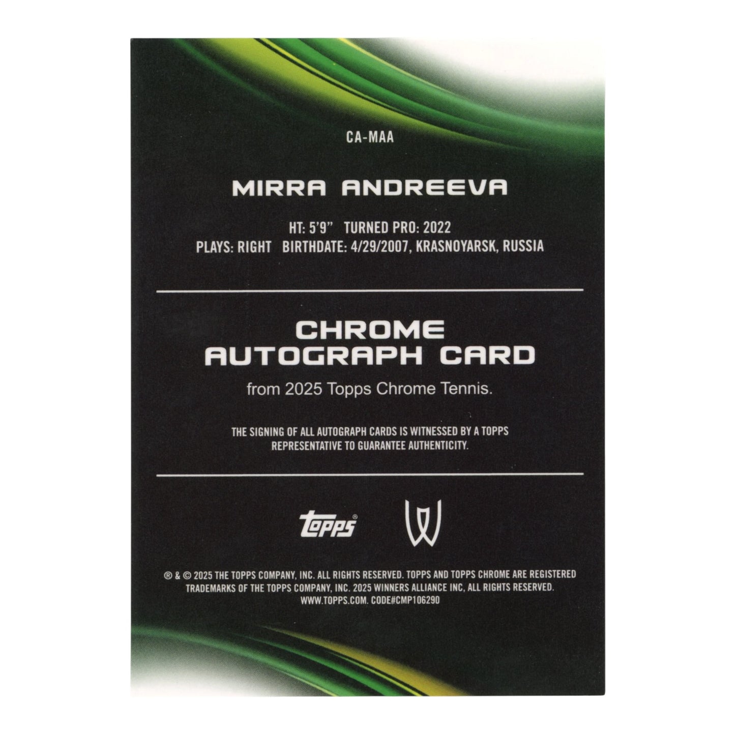 Mirra Andreeva 2025 Topps Chrome Tennis Prism Auto 04/50 #CA-MAA