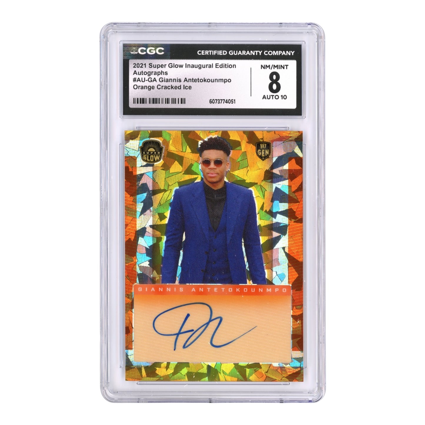 Giannis Antetokounmpo 2021 Super Glow Auto 05/15 #AU-GA CGC 8 Auto 10