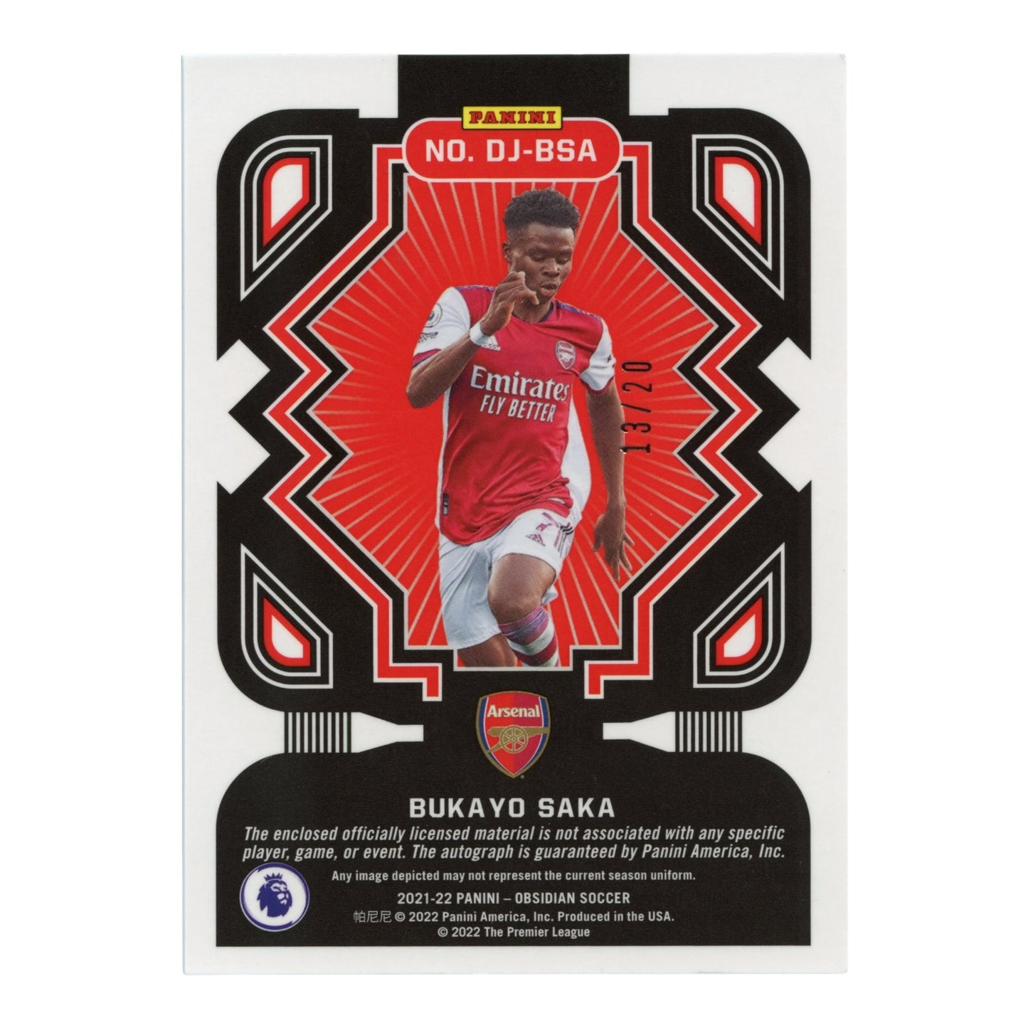Bukayo Saka 2021-22 Panini Obsidian Soccer Dual Jersey Auto 13/20 #DJ-BSA