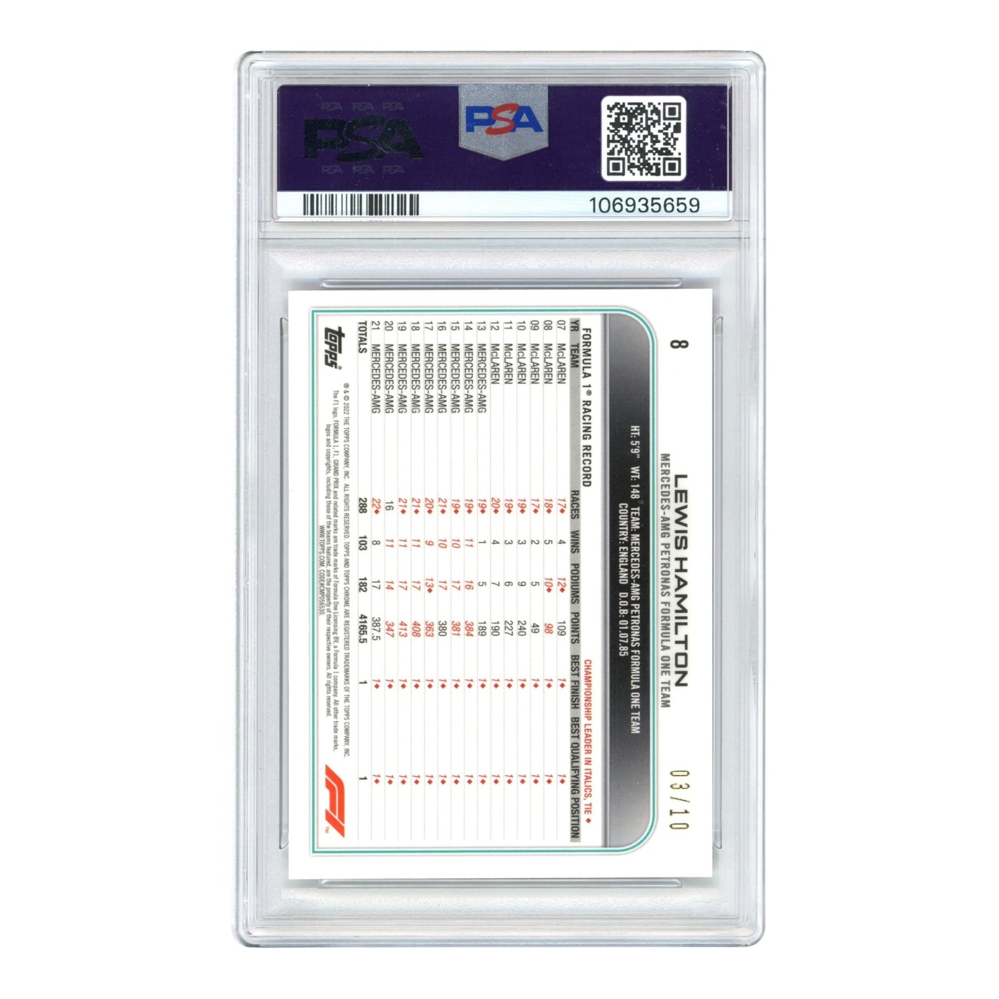 Lewis Hamilton 2022 Topps Chrome F1 Formula 1 Sapphire Edition Purple 03/10 #8 PSA 10