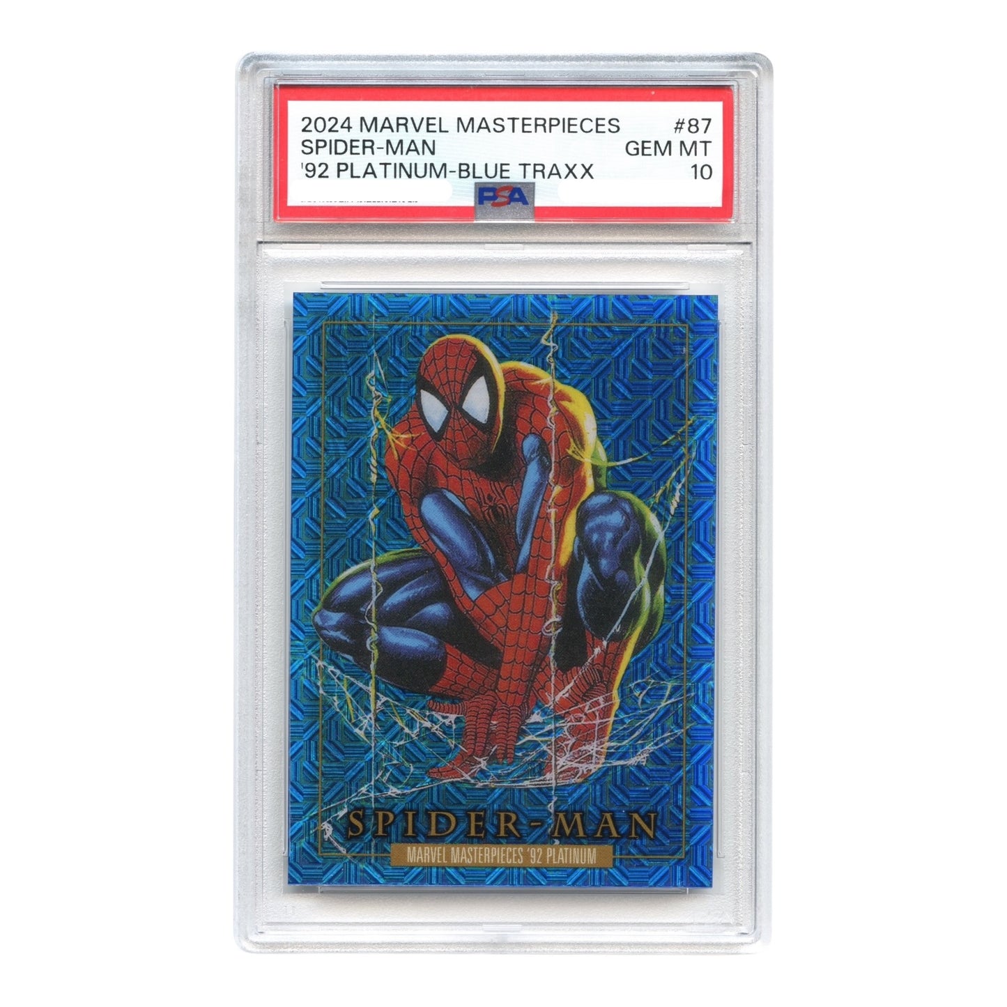 Spider-Man 2024 Upper Deck Marvel Masterpieces '92 Platinum Blue Traxx #87 PSA 10
