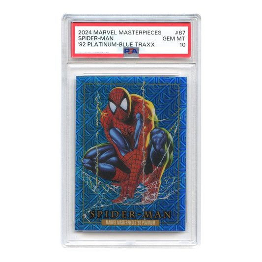 Spider-Man 2024 Upper Deck Marvel Masterpieces '92 Platinum Blue Traxx #87 PSA 10