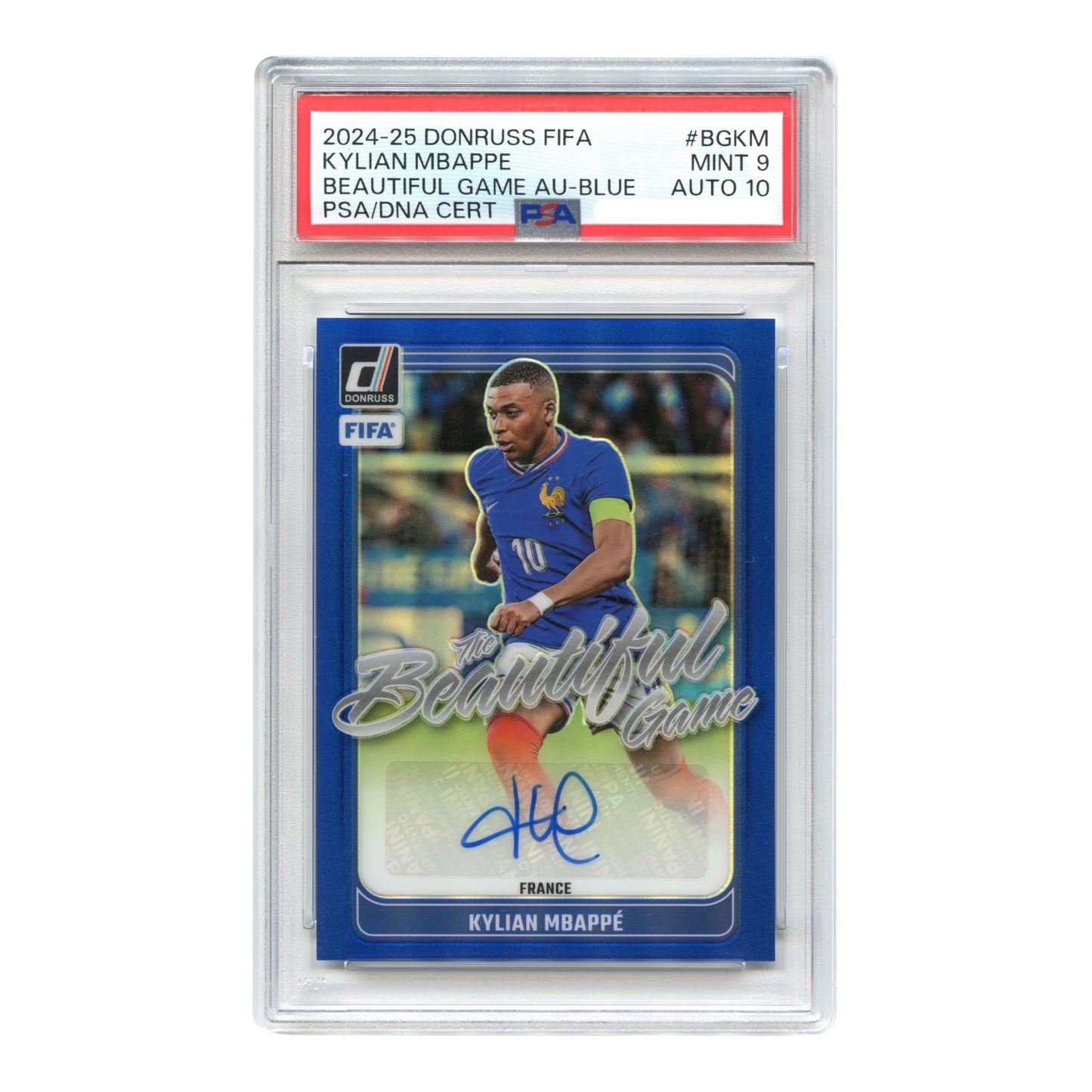 Kylian Mbappe 2024-25 Panini Donruss FIFA The Beautiful Game Auto Blue 97/99 #BGKM PSA 9 Auto 10