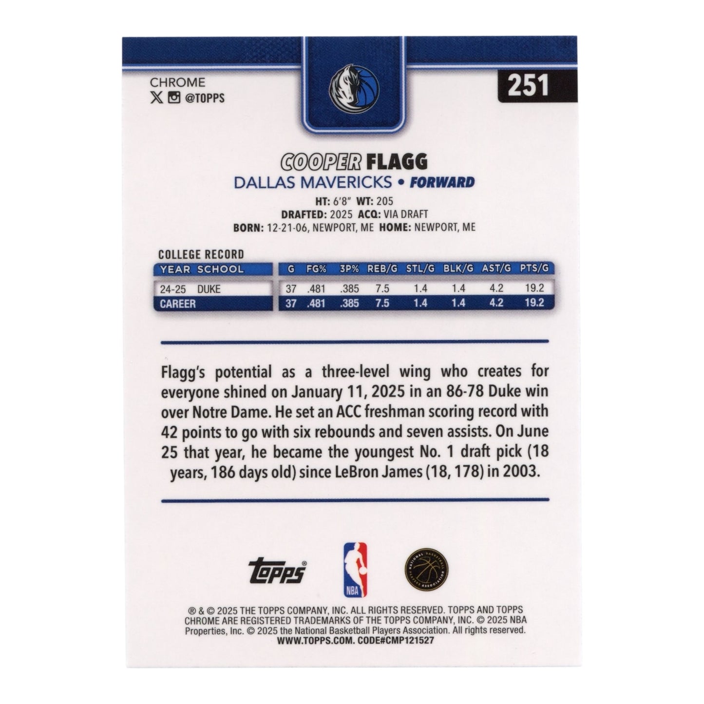 Cooper Flagg 2025 Topps Chrome Basketball Rookie RC #251