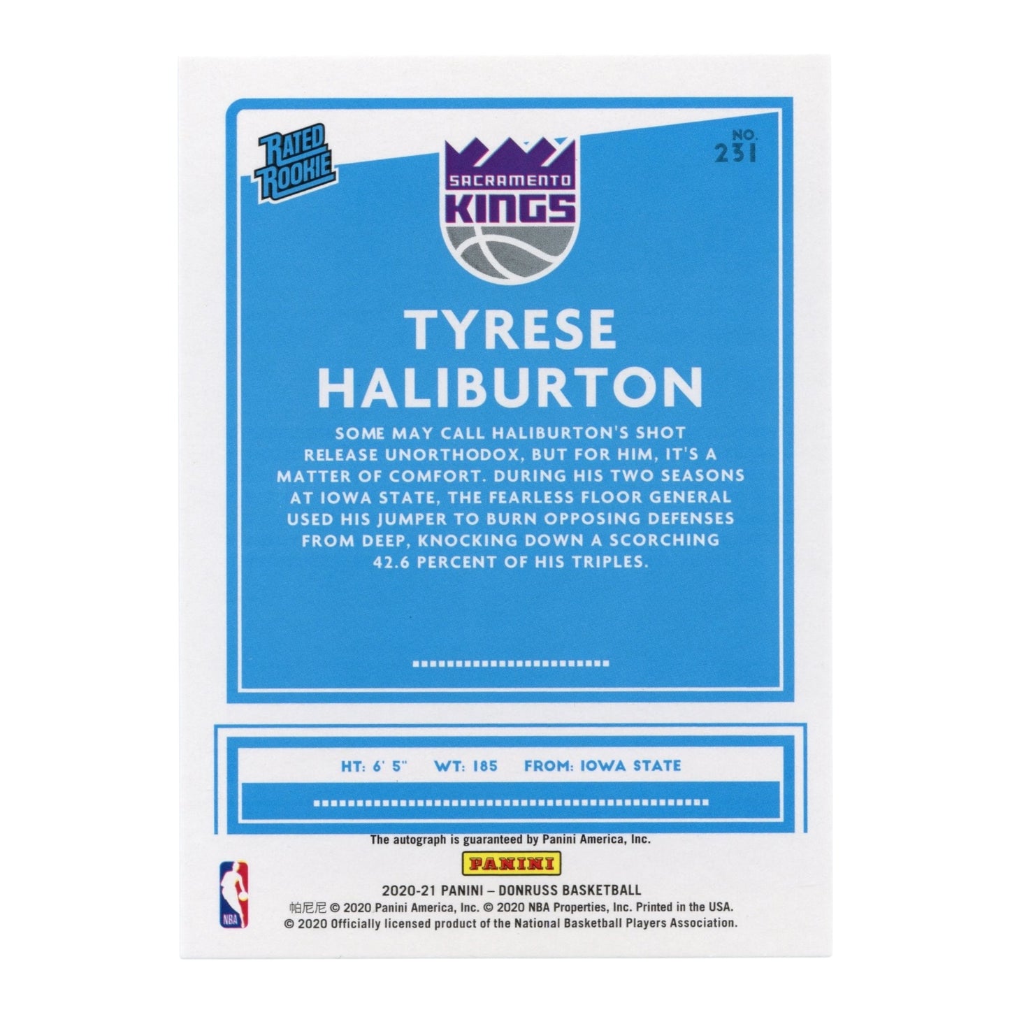 Tyrese Haliburton 2020-21 Panini Donruss Rated Rookie Auto RC 39/49 #231