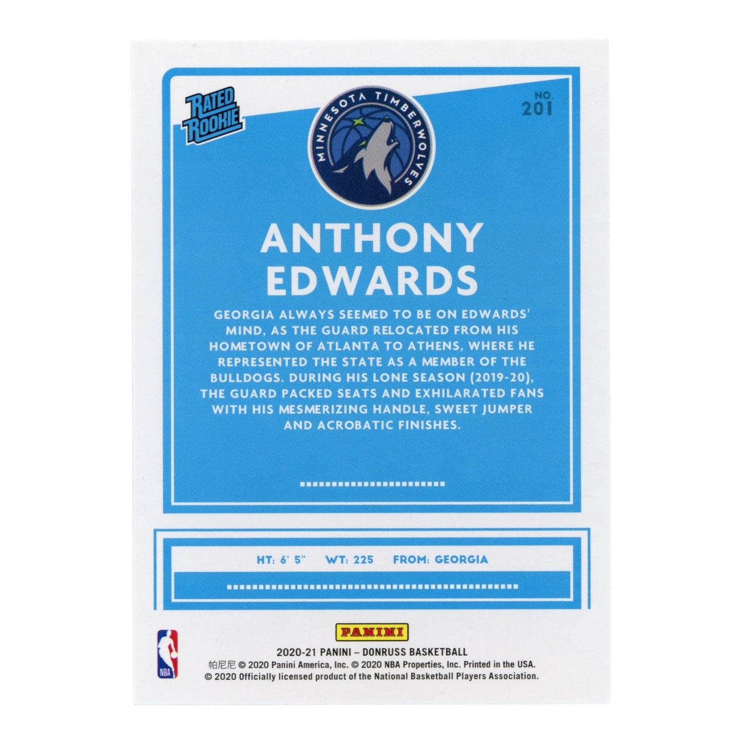 Anthony Edwards 2020-21 Panini Donruss Rated Rookie RC Choice #201