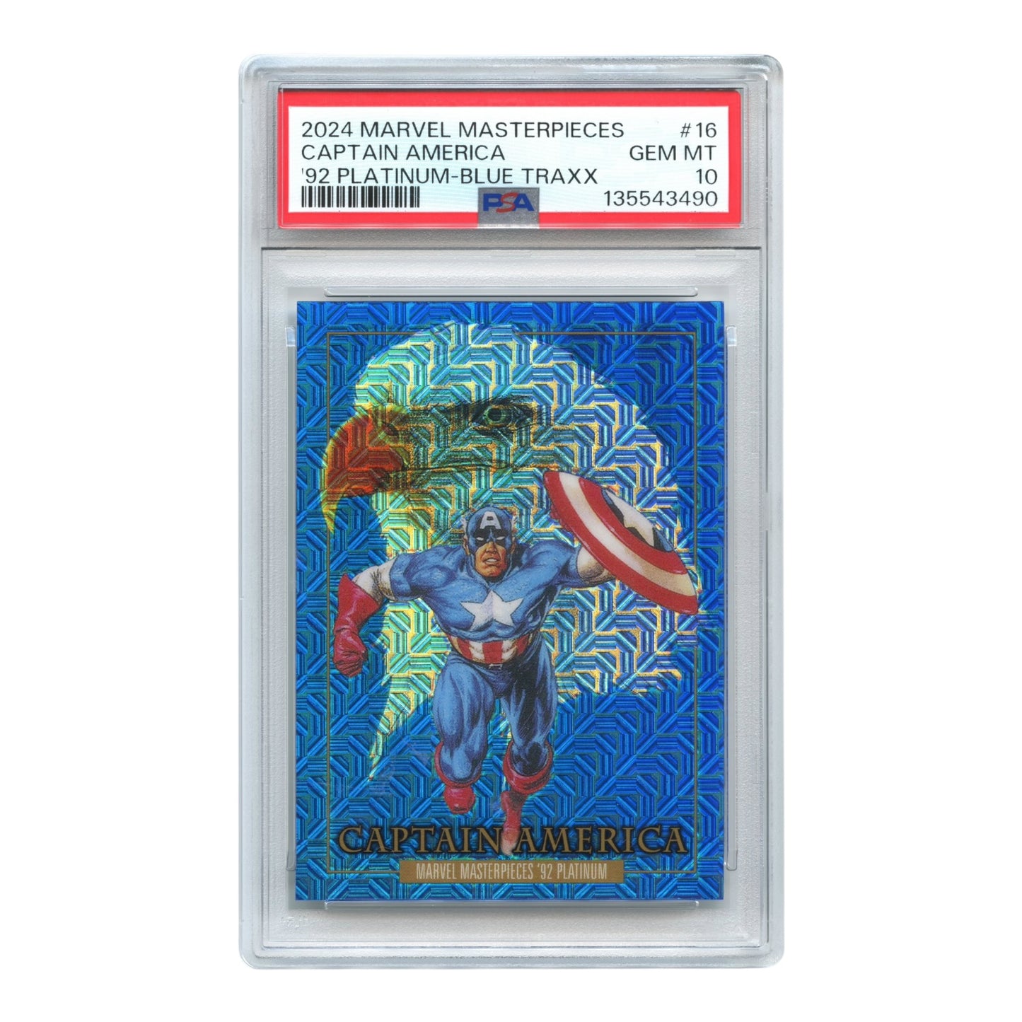 Captain America 2024 Upper Deck Marvel Masterpieces'92 Platinum Blue Traxx #16 PSA 10