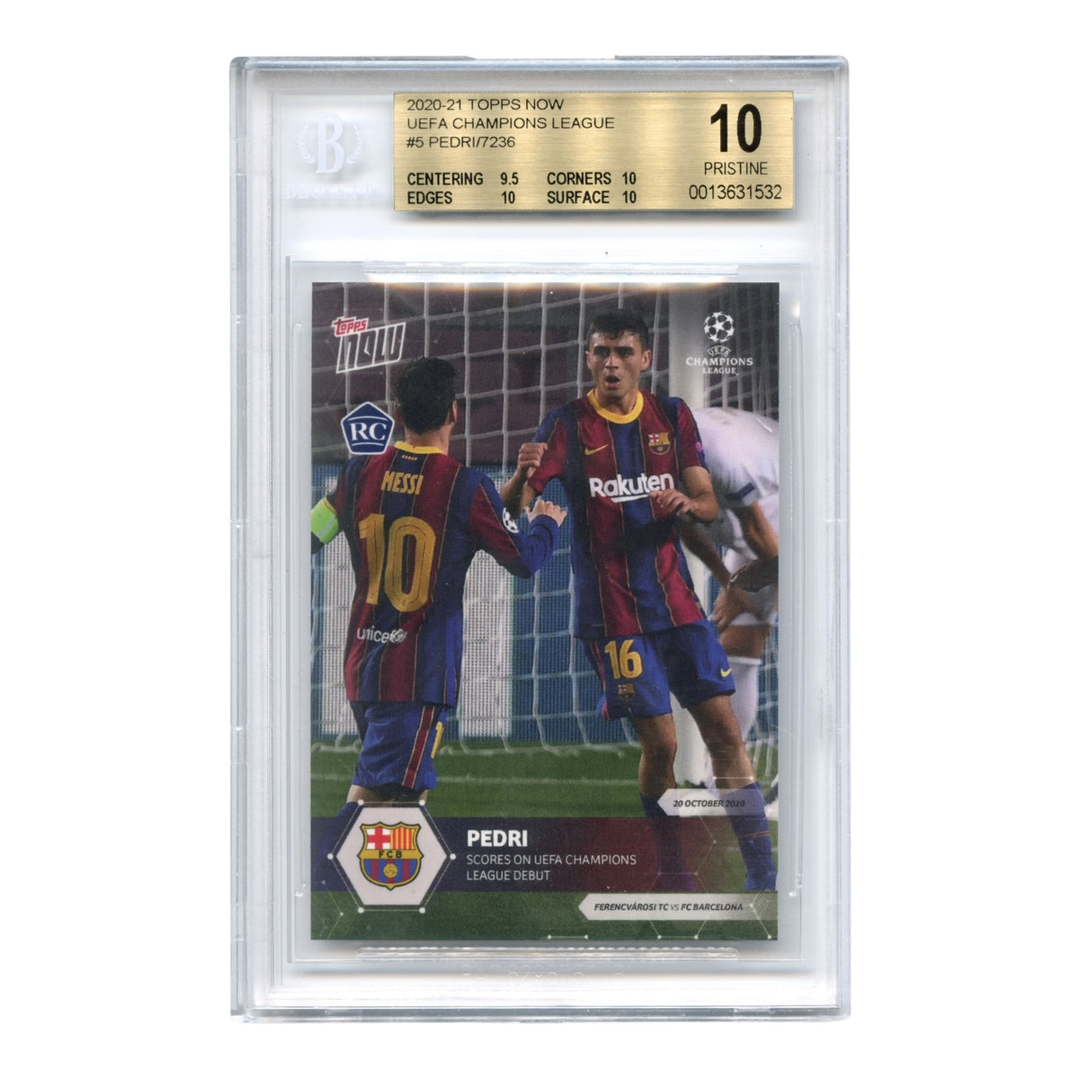 Pedri 2020-21 Topps NOW UEFA Champions League Rookie RC #5 BGS Pristine 10