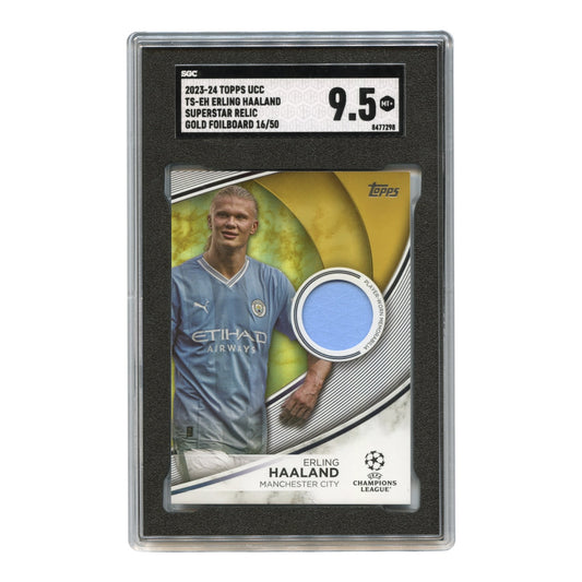 Erling Haaland 2023-24 Topps UEFA Champions League Club Competitions Superstar Relic Gold Foilboard #TS 16/50 SGC 9.5