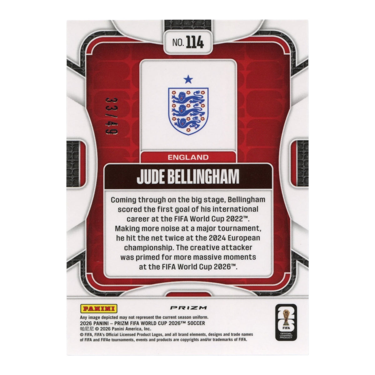 Jude Bellingham 2026 Panini Prizm FIFA World Cup Blue Pulsar 33/49 #114