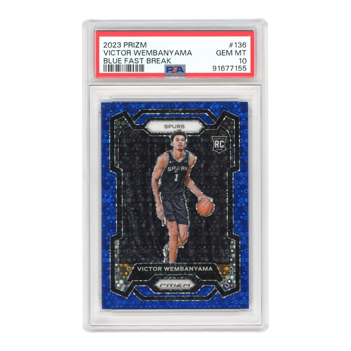 Victor Wembanyama 2023 Panini Prizm Blue Fast Break Rookie RC 122/150 #136 PSA 10